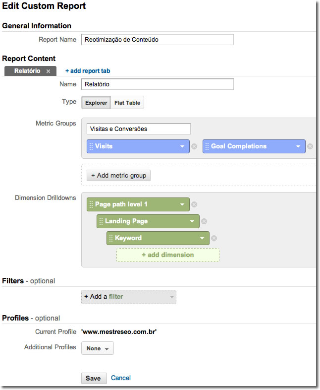 Configuração do Relatório Personalizado de Reotimização de Conteúdo