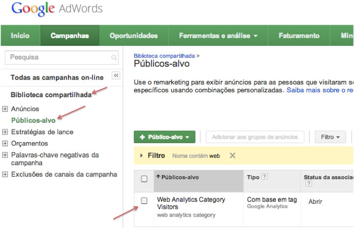 Lista de Remarketing do Analytics no AdWords