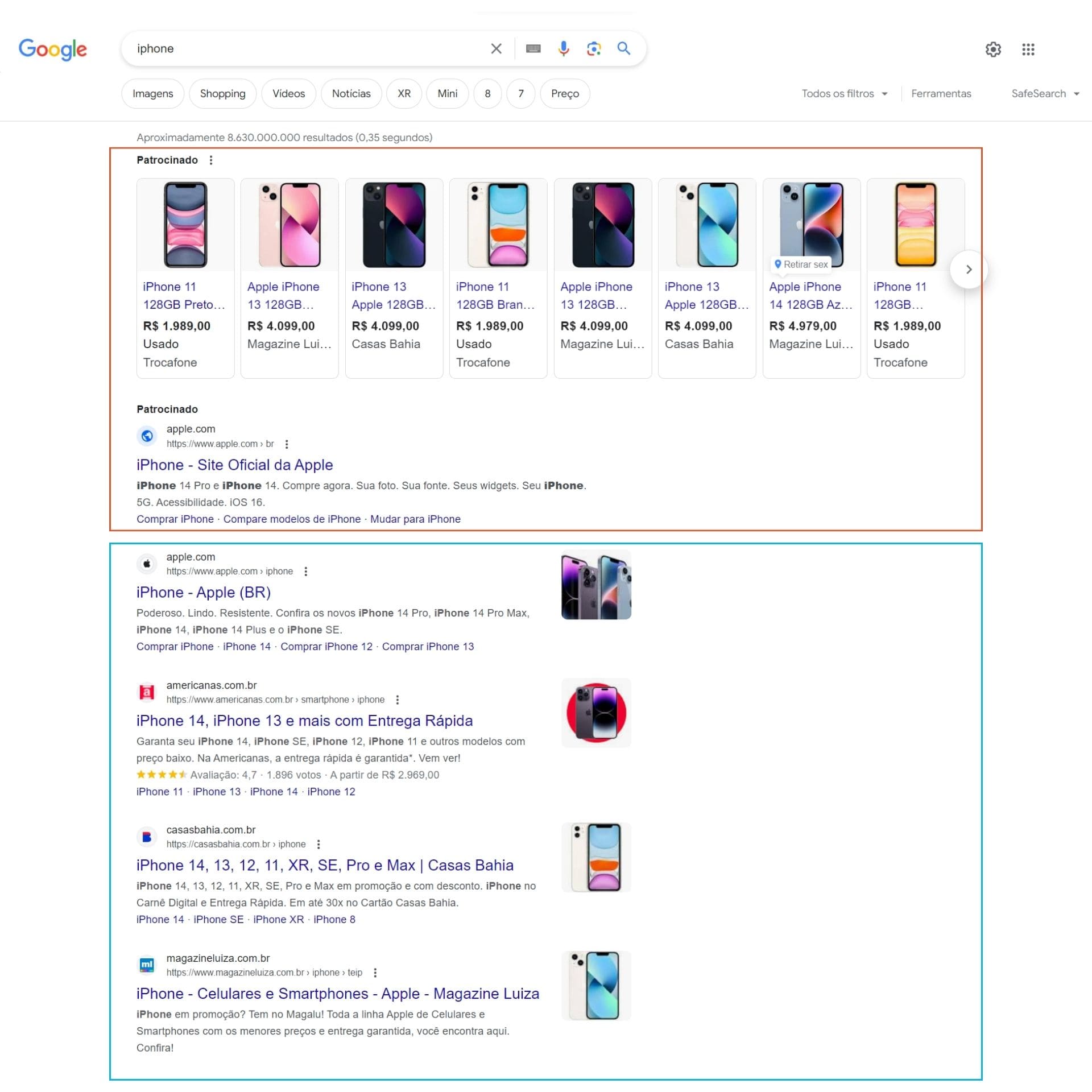 Resultados do Google - Diferença de Resultados Pagos e Orgânicos