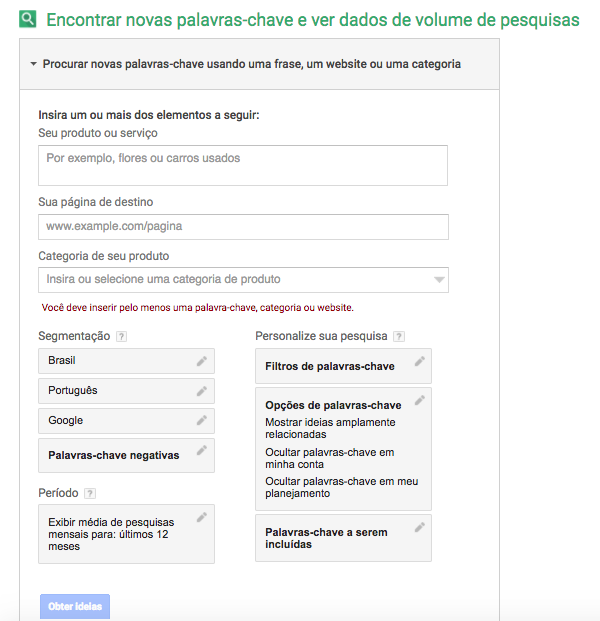 Inserir Palavras-chave na Ferramenta do Google