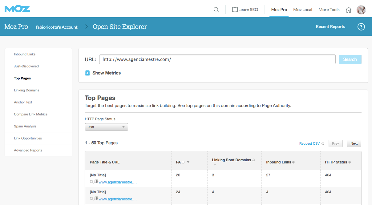 Moz Site Explorer - Análise de Backlinks para 404
